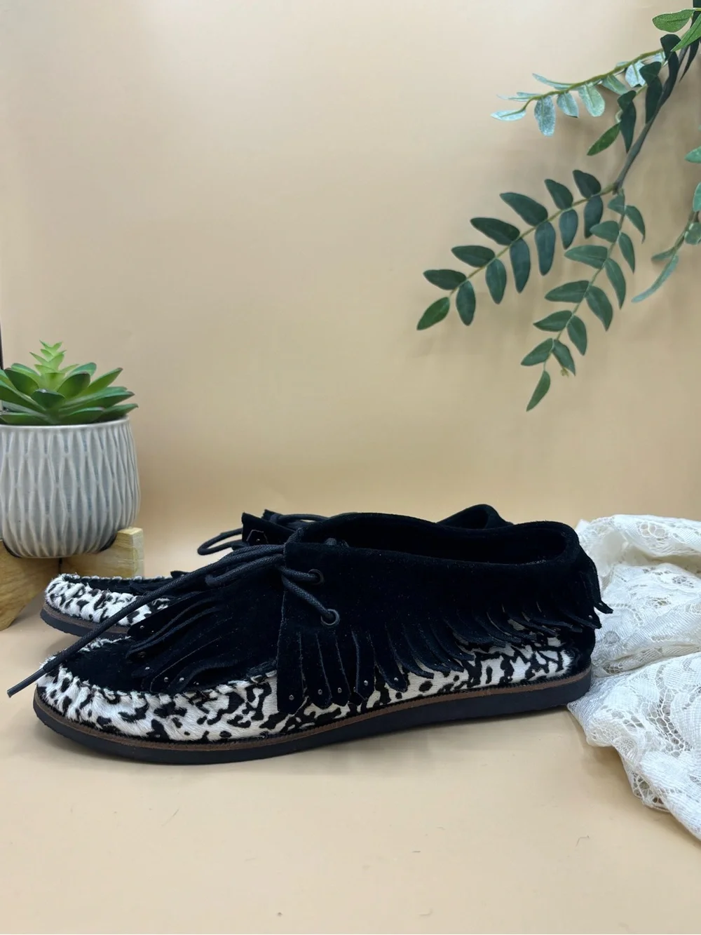 Tory Burch Fringe Studded Cow Print Moccasins